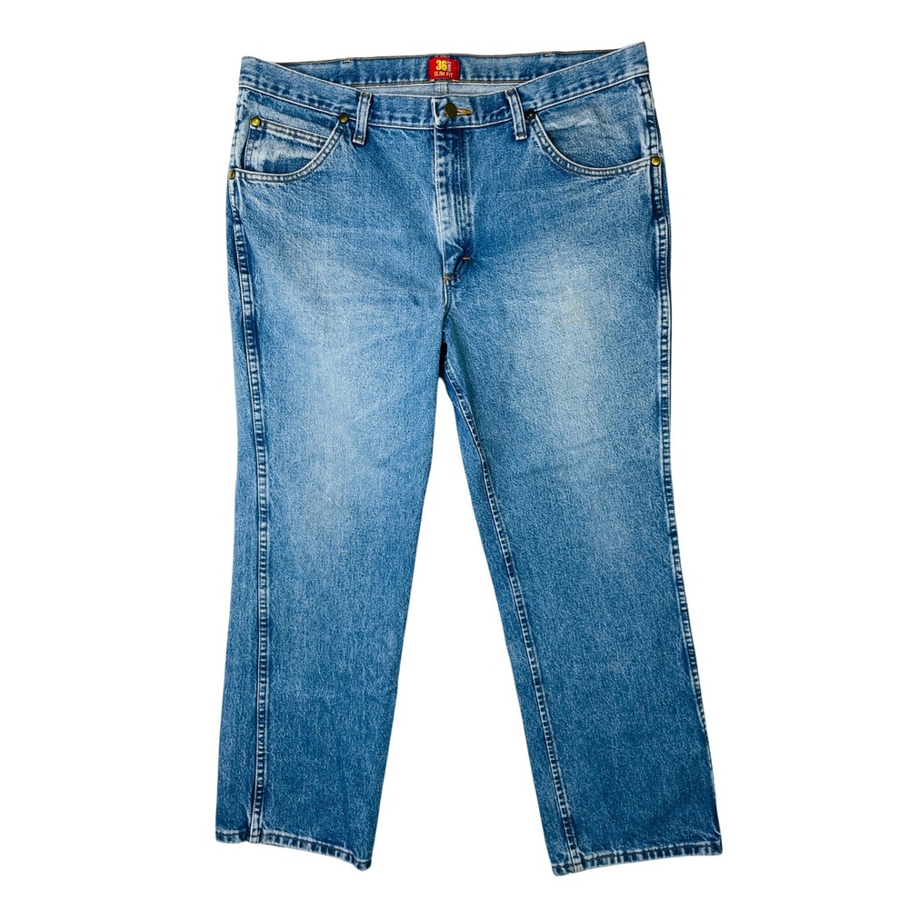 Wrangler 36MWZ Cowboy Cut Slim Fit Jeans Mens 36x28 Medium Wash Blue Denim